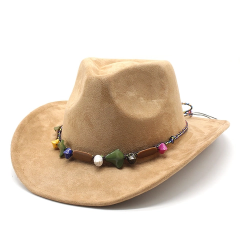 Western Cowboy Hat Suede Polyester Wide Brim Fedora With Ethnic Braided Band Colorful Stones Vintage Style For Men Women