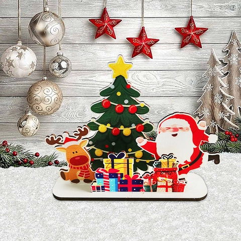 Wooden Christmas Desktop Ornament Santa Claus Gnome Reindeer JOY MERRY Slogan Sign Holiday Party Home Table Decor Plaque