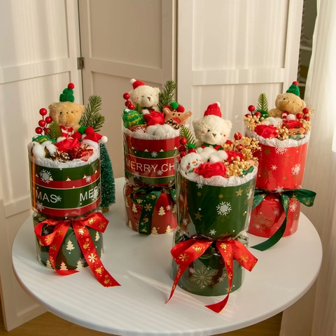 Christmas Teddy Bear Plush Toy Bouquet With Artificial Roses Pine Cones Berries And LED Light Holiday Gift Box