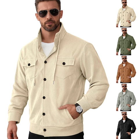 Men Corduroy Jacket Casual Long Sleeve Button Down Stand Collar With Drawstring Solid Color Outerwear Shacket