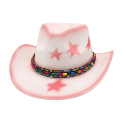 Western Cowboy Hat Woolen Felt Star Print Bohemian Ethnic Beaded Band Vintage Retro Wide Brim For Men Women