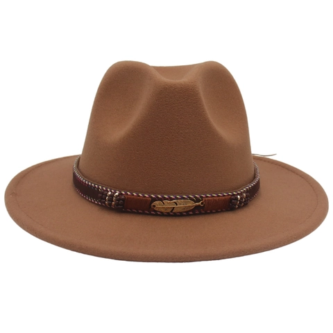 Fedora Hat Wool Felt Wide Brim Gold Feather Metal Buckle Braided Band Vintage British Style Jazz Hat For Men Women