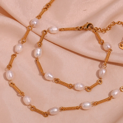 Collier Bracelet en Acier Inoxydable Plaqué Or 18K Chaîne Torsadée Perle d'Eau Douce pour Femme Bijoux de Mode