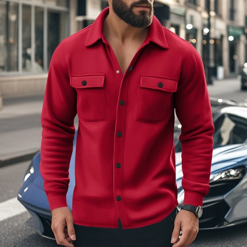 Men Shacket Jacket Brushed Fabric Lapel Single Breasted Solid Color Casual Outerwear Shirt With Chest Pockets