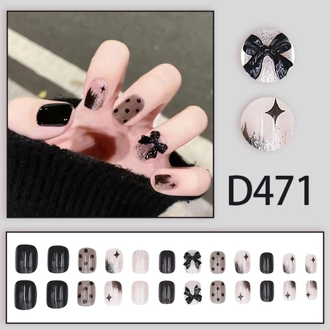 Faux Ongles À Presser Noir Blanc Aurora Nœud Papillon Court Étoile Point Manucure Art Élégant