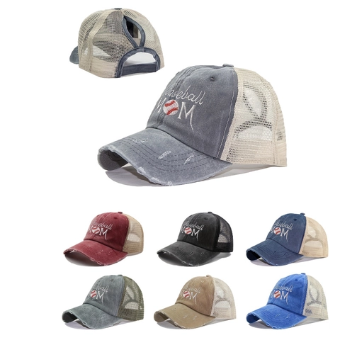 Honkbalpet Voor Dames Gewassen Distressed Mesh Trucker Hat Paardenstaart Gat Baseball Mom Borduurwerk Ademend