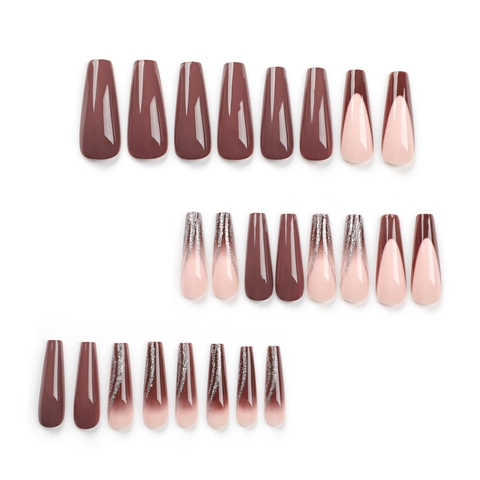 Uñas Postizas Largas Coffin Press On Punta Francesa Brillante Marrón Chocolate Rosa Nude Purpurina Plateada Bailarina Mujer Manicura DIY