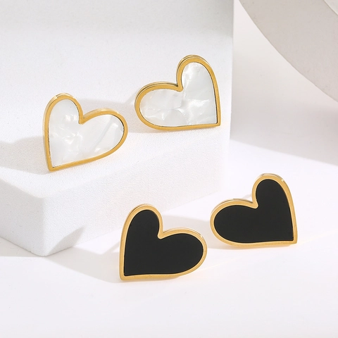 Heart Stud Earrings Gold Plated Stainless Steel Shell Inlay Fashion Jewelry For Women Minimalist Style