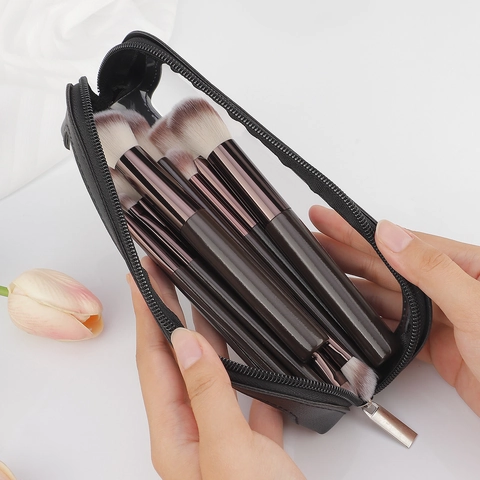 Professionelle Make-up-Pinsel Holzgriff Nylonborsten Aluminiumrohr Reise-Foundation-Puder Mit Transparenter Fenstertasche