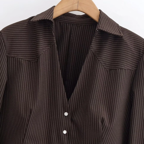 Camicia Corta da Donna Casual a Righe Caffè Scollo a V Manica Lunga con Bottoni Blusa Top Streetwear Poliestere