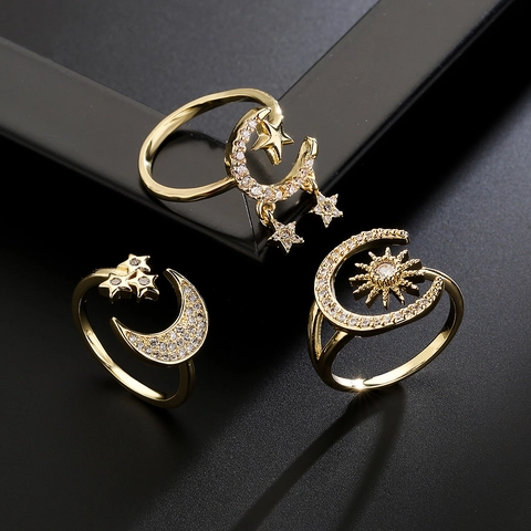 Adjustable Open Ring Copper 18K Gold Plated Zircon Star Moon Geometric Dainty Minimalist Jewelry For Women