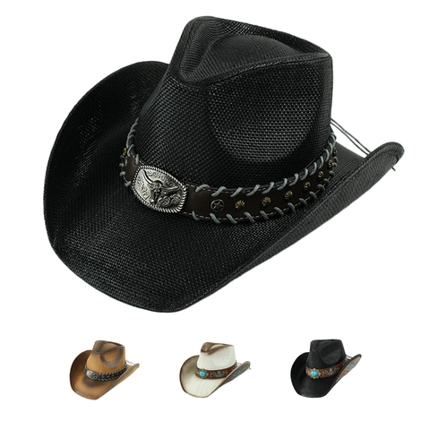 Cappello Fedora Intrecciato Western Cowboy Con Fibbia Testa Di Toro Ricamo Turchese Cappello Da Sole Per Festa Viaggio Unisex