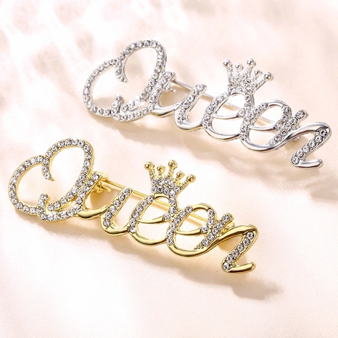 Queen Letter Brooch Alloy Rhinestone Sparkling Crown Shape Pin Fashion Apparel Accessories For Women Girls Gift