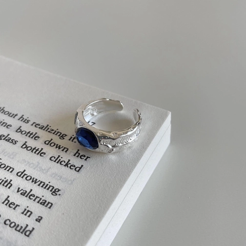 925 Sterling Silver Ring Oval Blue Zircon Irregular Hammered Texture Adjustable Open Band Korean Style Elegant Jewelry