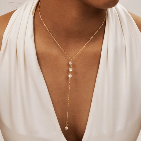 Women's Stainless Steel Y-Shaped Necklace Gold Plated Cross Chain With Round Zirconia Tassel Pendant Minimalist Jewelry