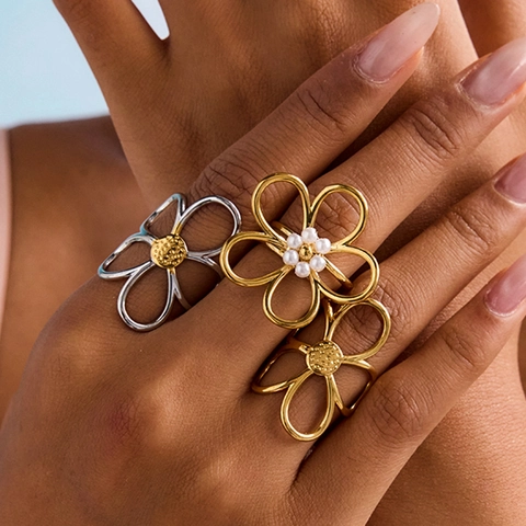 Anillo De Flor Hueca De Acero Inoxidable Perla Artificial Strass Ajustable Oro Plata Joyería De Moda Para Mujeres