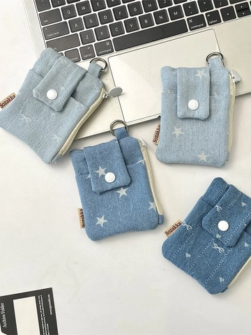 Portacarte In Denim Piccolo Multi Slot Portamonete Cerniera Patta Bottone Stella Fiocco Pochette Da Appendere Streetwear