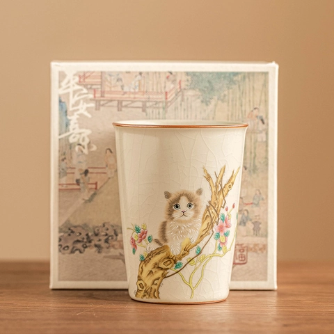 Tazza Da Tè In Ceramica Smalto Craquelé Ru Kiln Simpatico Gatto Magnolia Floreale Dipinto A Mano Stile Cinese Tradizionale