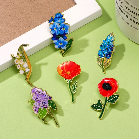 Élégant Ensemble de Broches en Alliage Émaillé Forme de Fleur Muguet Coquelicot Lilas Badge Floral pour Vêtements Femme Bijoux Accessoires