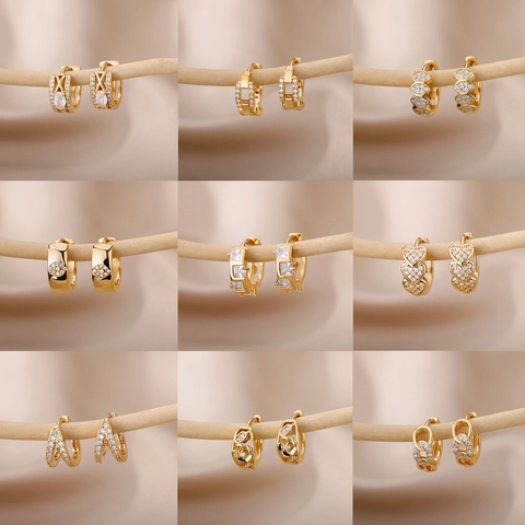 Geometric Huggie Hoop Earrings Brass Cubic Zirconia Heart Star Evil Eye C Shaped Trendy Jewelry For Women Chic