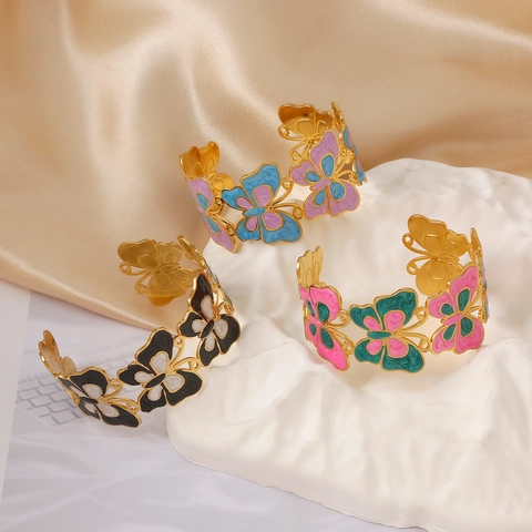 Bracelet Jonc Ouvert Papillon en Acier Inoxydable Mode pour Femmes Plaqué Or Creux Émail à l'Huile Bijoux Cadeau