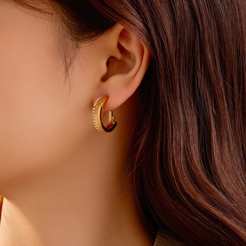 Geometrische Vintage Roestvrijstalen Oorbellen 18K Verguld Micro Pave Zirconia C-Vorm Hoops Studs Dames Sieraden