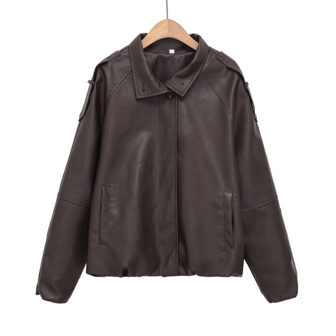 Chaqueta De Cuero Sintético Para Mujer PU Marrón Café Cuello Vuelto Charreteras Ajuste Holgado Casual Ropa De Abrigo