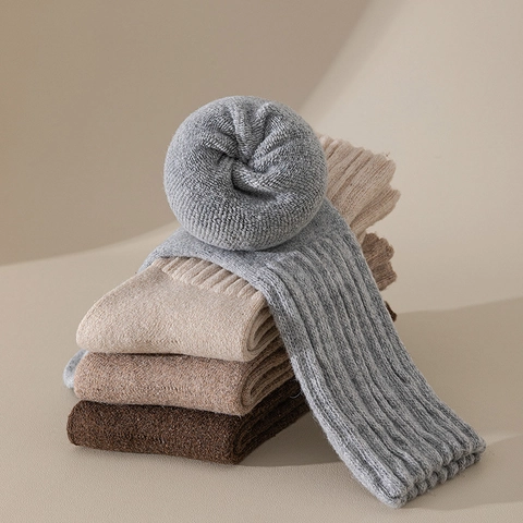 Mens Crew Socks Wool Blend Thickened Terry Thermal Warm Winter Outdoor Solid Color Ribbed Casual