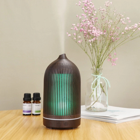 Ultrasonic Aroma Diffuser Wood Grain Humidifier With 7 Color LED Light Hollow Stripe Design For Home Office Desktop