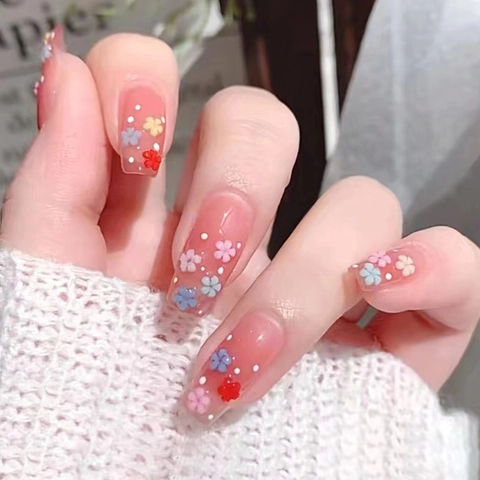 Long Coffin Press On Nägel 3D Bunte Blumen Strasssteine Gelee Rosa Glänzende Künstliche Nägel Für Frauen