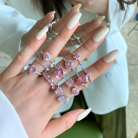 Pink Zircon Rings For Women 925 Sterling Silver Heart Pear Emerald Cut Luxury Sparkling Adjustable Fashion Jewelry Gift