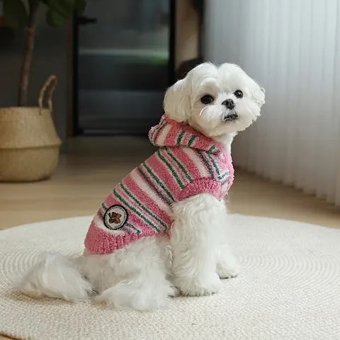 Gestreifter Hundepullover Mit Kapuze Weicher Warmer Elastischer Chenille-Fleece Bären-Patch Haustierkleidung Für Hunde Katzen