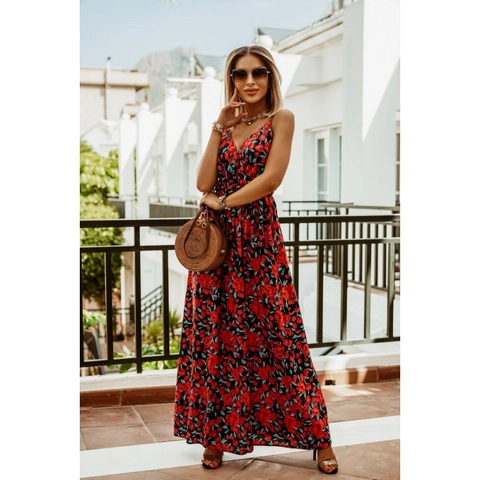 Maxi Dress Floral Print Spaghetti Strap V Neck Sleeveless Polyester Bohemian Beach Vacation Summer Long Sun Dress