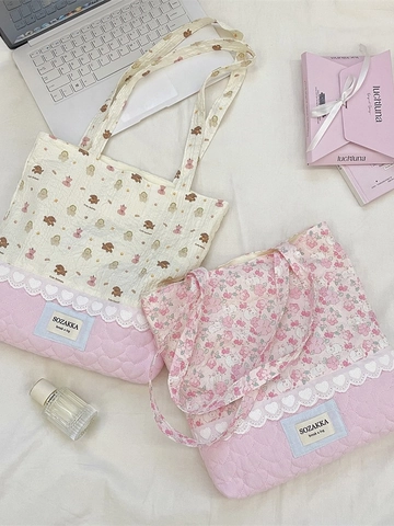 Damen Gesteppte Tragetasche Japanisch Süß Blumen Tiere Druck Patchwork Schultertasche Mit Spitzenbesatz Polyester Student Alltag