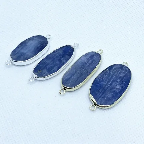 Natural Blue Kyanite Connector Pendant Double Loop Irregular Rectangular Gold Silver Rim For Necklace Bracelet DIY Making