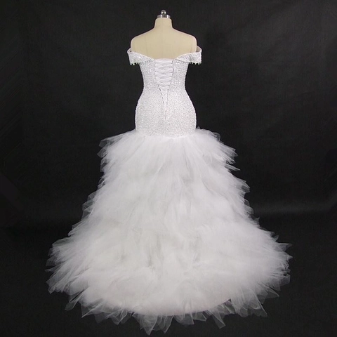 Zeemeermin Trouwjurk Off The Shoulder Pailletten Parels Bruidsjurk Fishtail Mesh Tulle Formele Avondfeestkleding Dames
