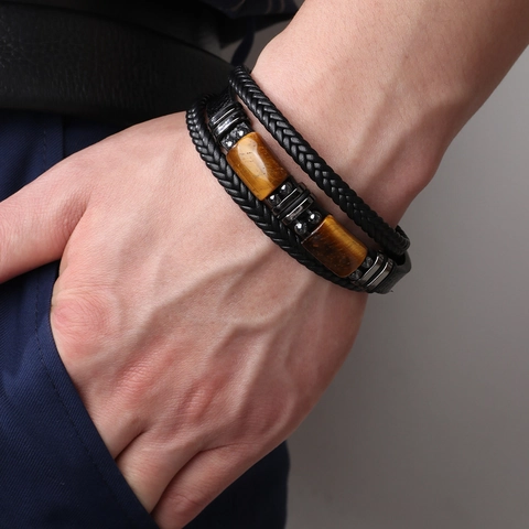 Vintage Men Multilayer PU Leather Bracelet With Tiger Eye Stone Stainless Steel Magnetic Clasp Braided Cuff Bracelet Men Jewelry