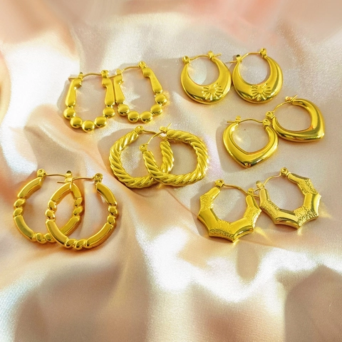 Stainless Steel Hoop Earrings 18K Gold Plated Irregular Geometric Textured Chunky Retro Fashion Jewelry For Women