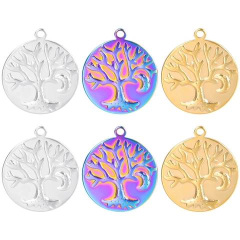 Collar de Colgante Redondo de Acero Inoxidable Árbol de la Vida Luna Creciente para Mujer Joyería de Moda Galvanizada Oro Plata Arcoiris