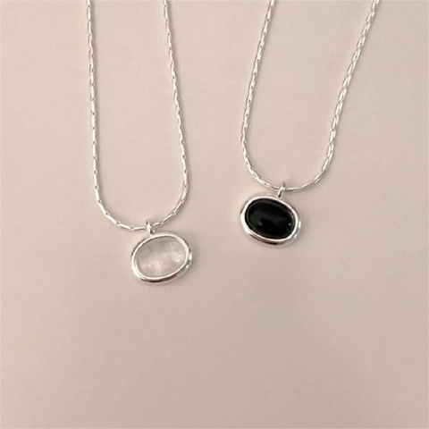 Collana In Argento Sterling 925 Agata Nera Ciondolo Ovale Minimalista Elegante Gioielli Geometrici Semplici Per Donna Classico