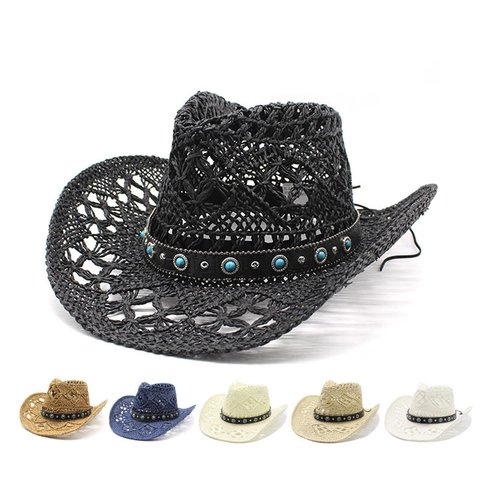Cappello Da Cowboy Occidentale Traforato Paglia Di Carta Protezione Solare Spiaggia Viaggio Vintage Etnico Perline Turchesi Rivetti