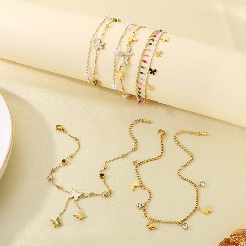 Tobillera De Mariposa Acero Inoxidable Doble Capa Chapado En Oro 18K Concha Perla Artificial Diamante De Imitación Joyería Mujer