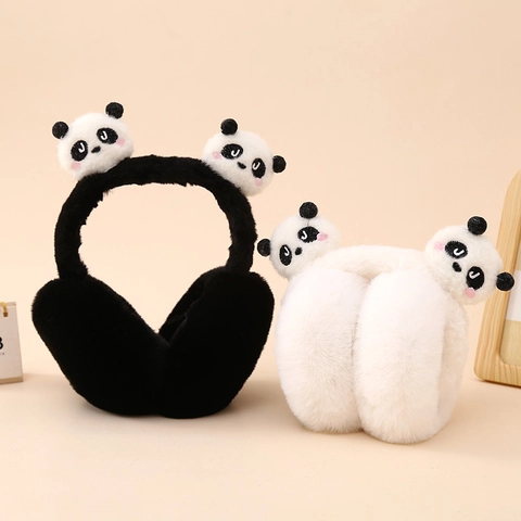 Panda Plush Earmuffs Faux Rabbit Fur Warm Foldable Winter Cartoon Ear Warmers For Kids Boys Girls