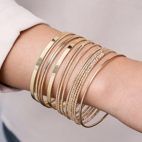 Vintage Gold Alloy Bangle Bracelet Set For Women Punk Wide Irregular Texture Stackable Metal Cuff Bracelets Fashion Jewelry