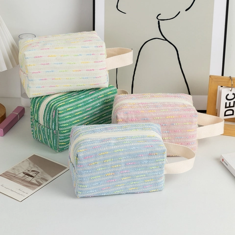 Tweed Woven Makeup Bag Large Capacity Portable Toiletry Pouch With Handle Travel Cosmetic Organizer For Women Ins Style
