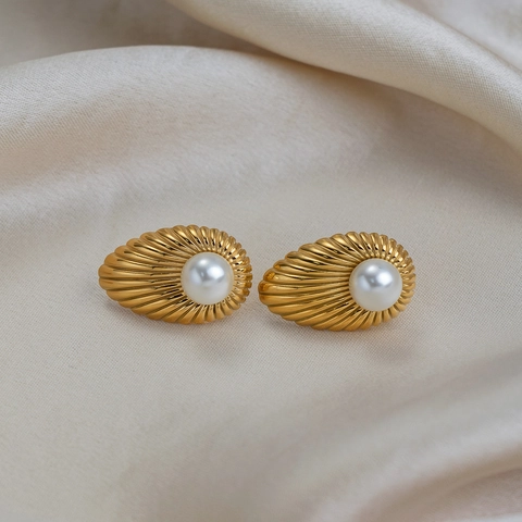 French Vintage Stainless Steel Striped Stud Earrings For Women Artificial Pearl Inlaid 18K Gold Plated Luxury Hypoallergenic Ear Jewelry