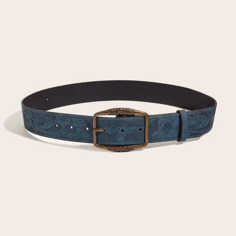 Western Retro Embossed Faux Leather Belt Antique Alloy Pin Buckle Bull Head Floral Pattern Vintage Y2K Style Accessories