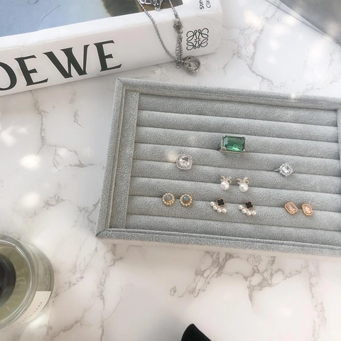 Jewelry Display Tray Velvet PU Leather Ring Earring Organizer Multi-Slot Storage Showcase Holder For Home Countertop