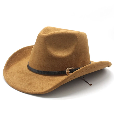 Cappello Da Cowboy Occidentale Camoscio Tesa Larga Retro Fibbia Cintura Decor Colore Solido Elegante Per Uomo Donna