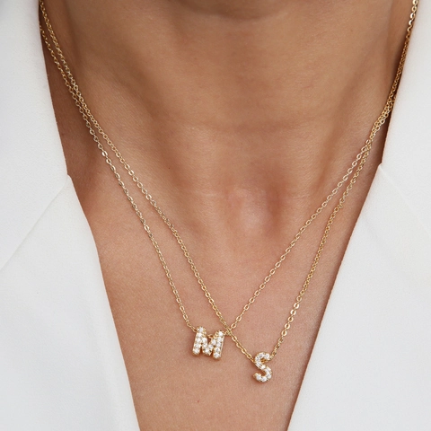 Initial Letter Necklace Brass 18K Gold Plated Micro Pave Cubic Zirconia Tiny Alphabet Pendant Personalized Jewelry For Women